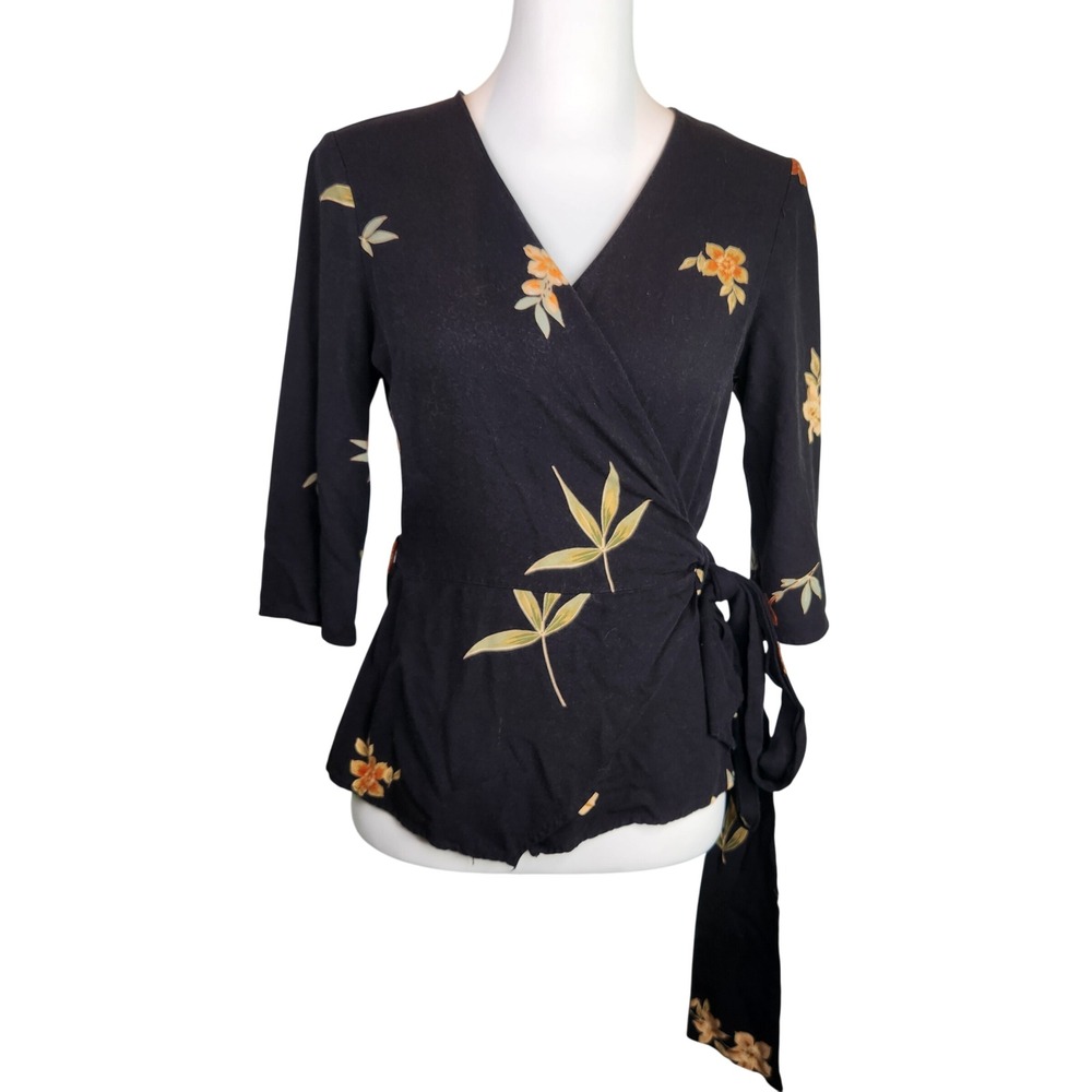 Zara Basic Black Floral Wrap Blouse Sash Tie V-Neck 3/4 Sleeve Top Medium Boho